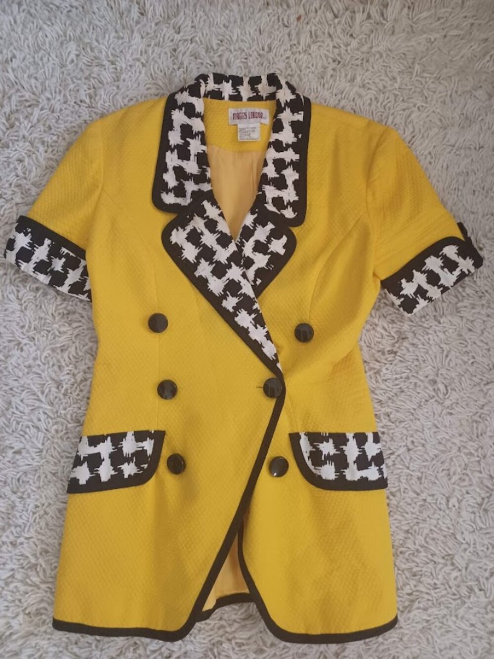 Vintage Maggy London Yellow Black Abstract Trim Dress Jacket Womens 6 Retro
